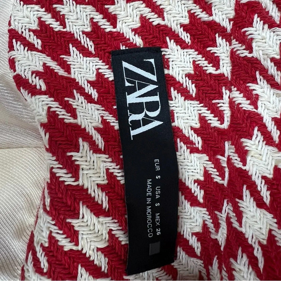 ZARA Luxury Ecru Red Collarless Long Sleeve Textured Houndstooth Jacket Size S - Picture 8 of 9